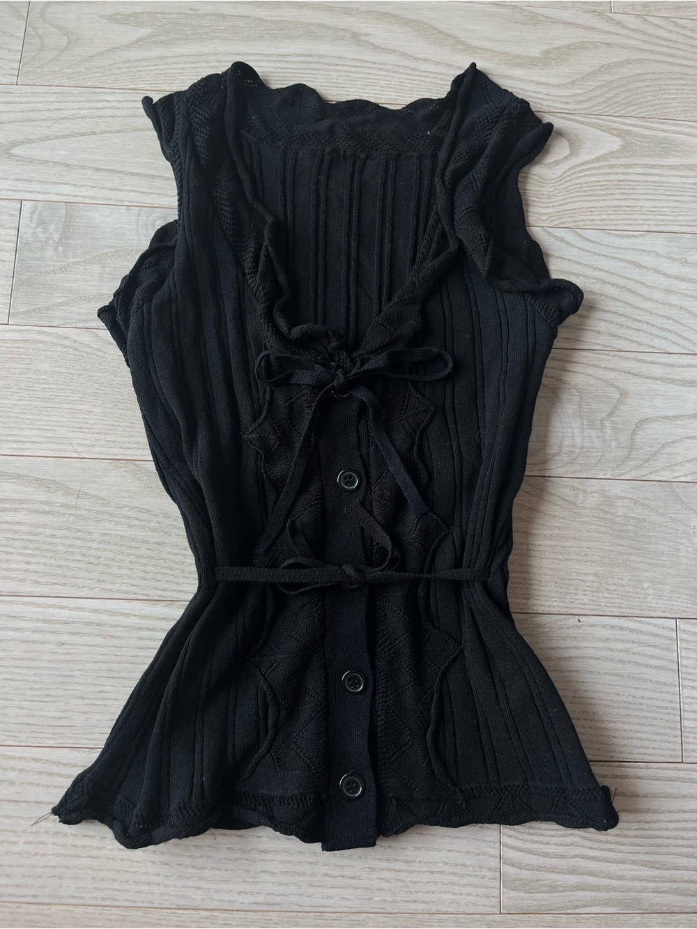 Women's Black Ribbed Sleeveless Tie-Front Top